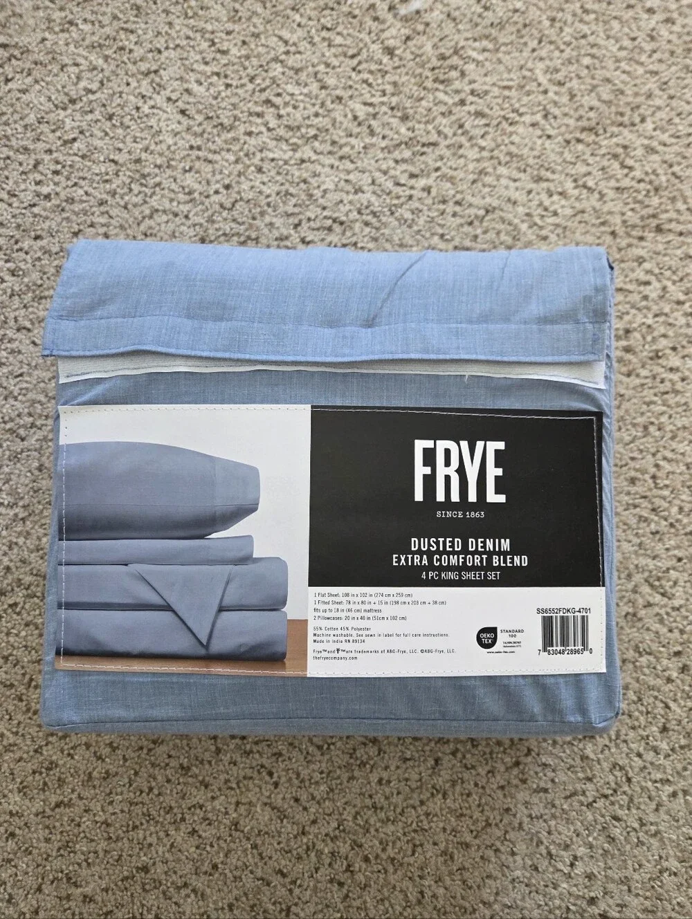 NEW FRYE Dusted Denim Extra Comfort Blend 4 PC KING Sheet Set Chambray Blue